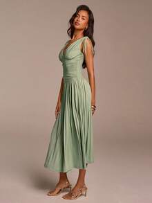 COSMINA 女士褶皱V领抽绳腰连衣裙，绿色，休闲优雅纯色复古风网纱面料连衣裙 - 綠色 - 查看 5