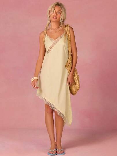 Athîral Spring/Summer 2026 And Early Autumn Independence Day July Graduation Season, Asymmetrical Skirt Hem With No Pattern Contrast, Fashionable Strapless Mini Dress, Yellow Dress, Yellow Top, Casual Top, Lace-Edged Top, Yellow Asymmetrical Top With Lace Patchwork For St. Patrick's Day, Spring Easter Suit, Women's Spring Dress, Women's Party Top, Summer Beach Outfit, Women's Casual Dress, Graduation Dress, Graduation Dress, Women's Casual Dress