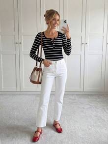 SHEIN LUNE Camiseta con estampado de rayas con botón - Negro - Ver 7