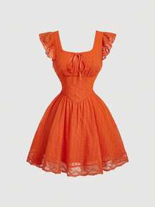 SHEIN MOD Đầm ngắn tay ngắn cổ vuông màu trơn, viền bèo nhún, buộc dây dành cho nữ, thích hợp cho mùa hè. - trái cam - Xem 4