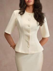 CLARA VERO Women's Round Neck Waist Cinched Button Short Sleeve Blazer & Fish Tail Skirt Suit Set - White - View 2