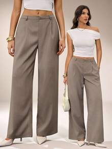 SHEIN Tall 女士简约通勤休闲纯色斜插口袋裤 女士正装裤 阔腿裤 女士休闲裤 商务休闲裤 女士秋季服装 女士冬季服装 万圣节圣诞节女装 优雅外出正式秋季服装 女士正装裤 时尚外出裤 - 杏色 - 查看 2