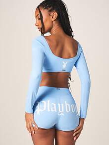 Missguided x Playboy Women's Light Blue Long Sleeve Crop Top And High Rise Shorts Two Piece Athletic Set - Blue - View 3
