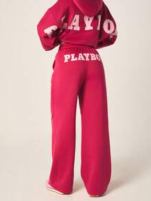 Missguided x Playboy Quần jogger ống rộng có dây rút dành cho nữ, in hình thỏ, dáng rộng thoải mái, cạp cao, thích hợp mặc ở nhà. - Màu Hoa hồng đỏ - Xem 4