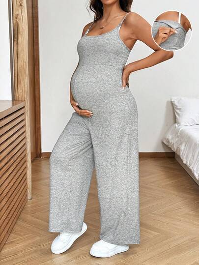 SHEIN 孕妇纯色休闲连体裤，带哺乳功能，适合日常穿着