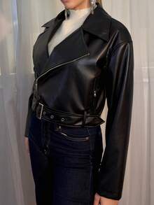 Aless PB 前拉链系腰带细节机车夹克，女士深秋休闲系腰带、口袋、拉链常规袖领常规版型黑色聚氨酯纯色女士夹克，休闲日常穿着 - 黑色 - 查看 6