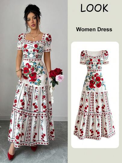 Elenzga Women's French Casual Vacation Delicate Rose Flower Collar Strap Ruffle Decor Matching Petal Sleeve Waist Ruffle A-Line Dress