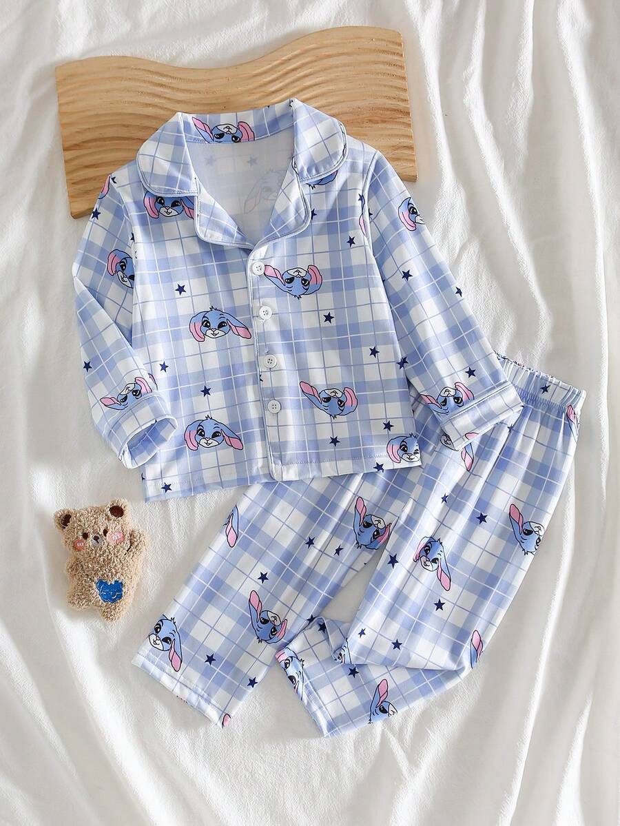 2件套幼儿男童可爱卡通蓝色兔耳星星印花休闲舒适Polo领开衫和裤子套装，家居服 - 藍色 - 查看 1