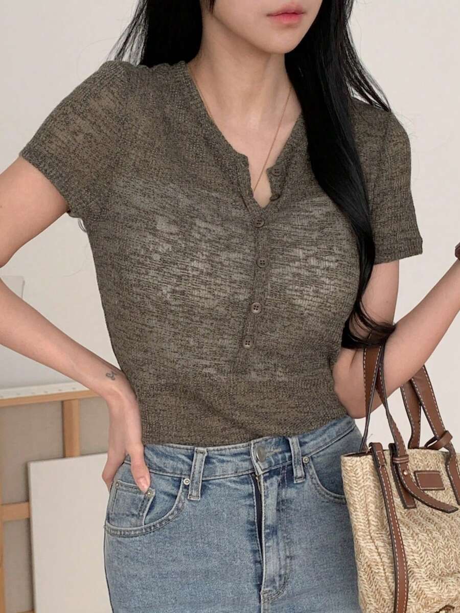 DAZY Women's Casual Front Button Short Sleeve Top, Summer - Coffee Brown - View 1