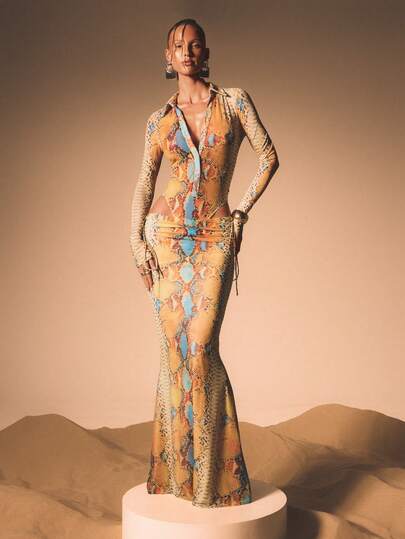 KIZN 多色蛇纹网纱系带长裙，修身及地晚礼服