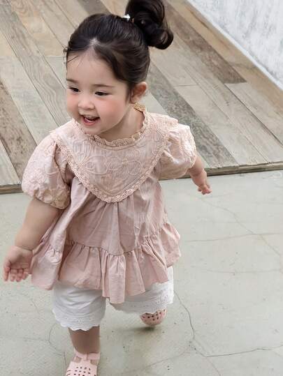 Dazy Kids Küçük Kız Çocuklar İçin Yuvarlak Yakalı, Kore Tarzı, Kabarık Kollu Yazlık Bluz