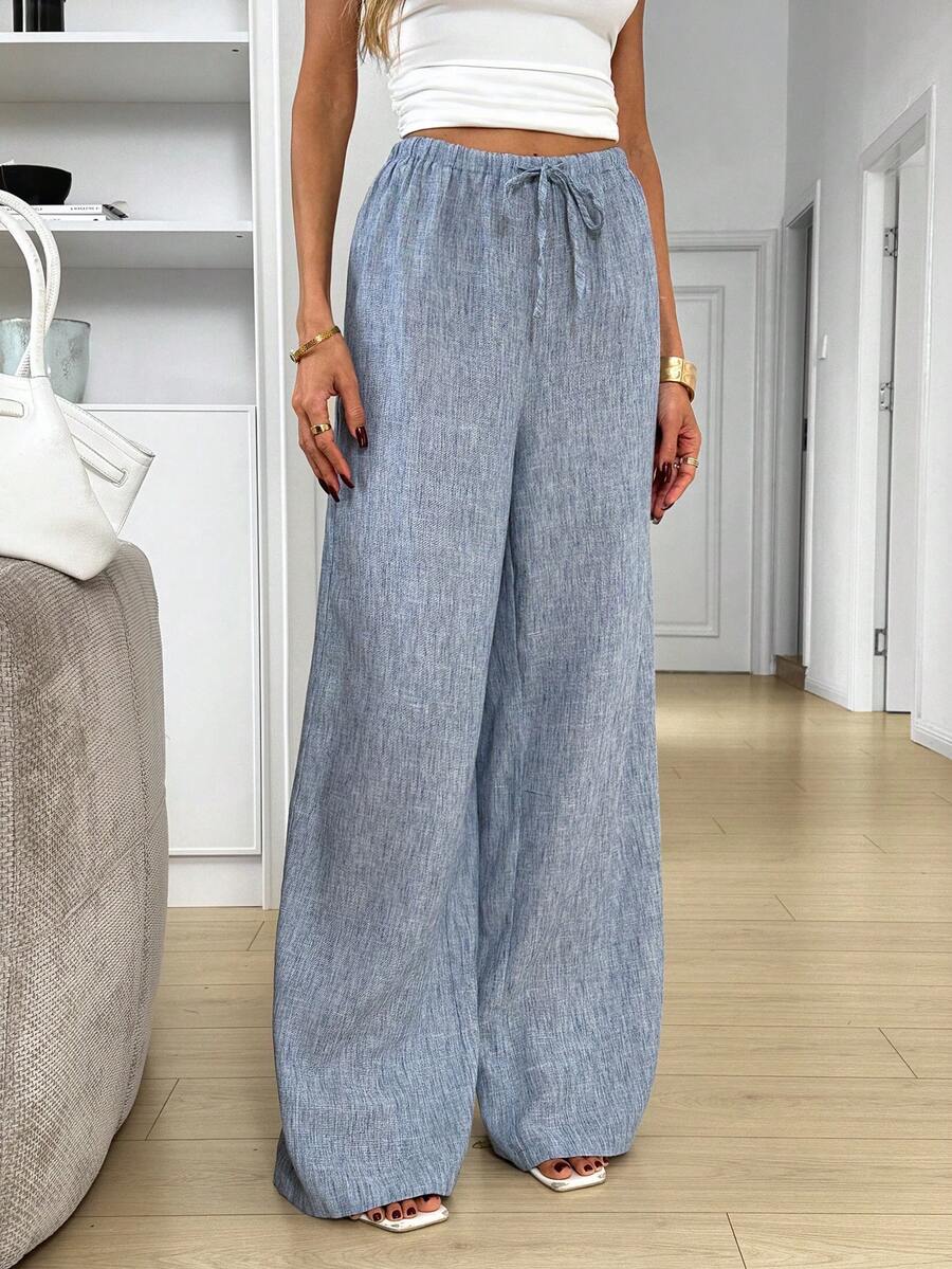 Easowa 女士系带腰阔腿宽松休闲裤 - 藍色 - 查看 1
