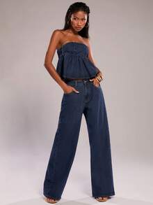 SHEIN BAE Conjunto de moda con top bandeau con volantes y pantalones vaqueros de pierna ancha para mujer - Azul lavado oscuro - Ver 1