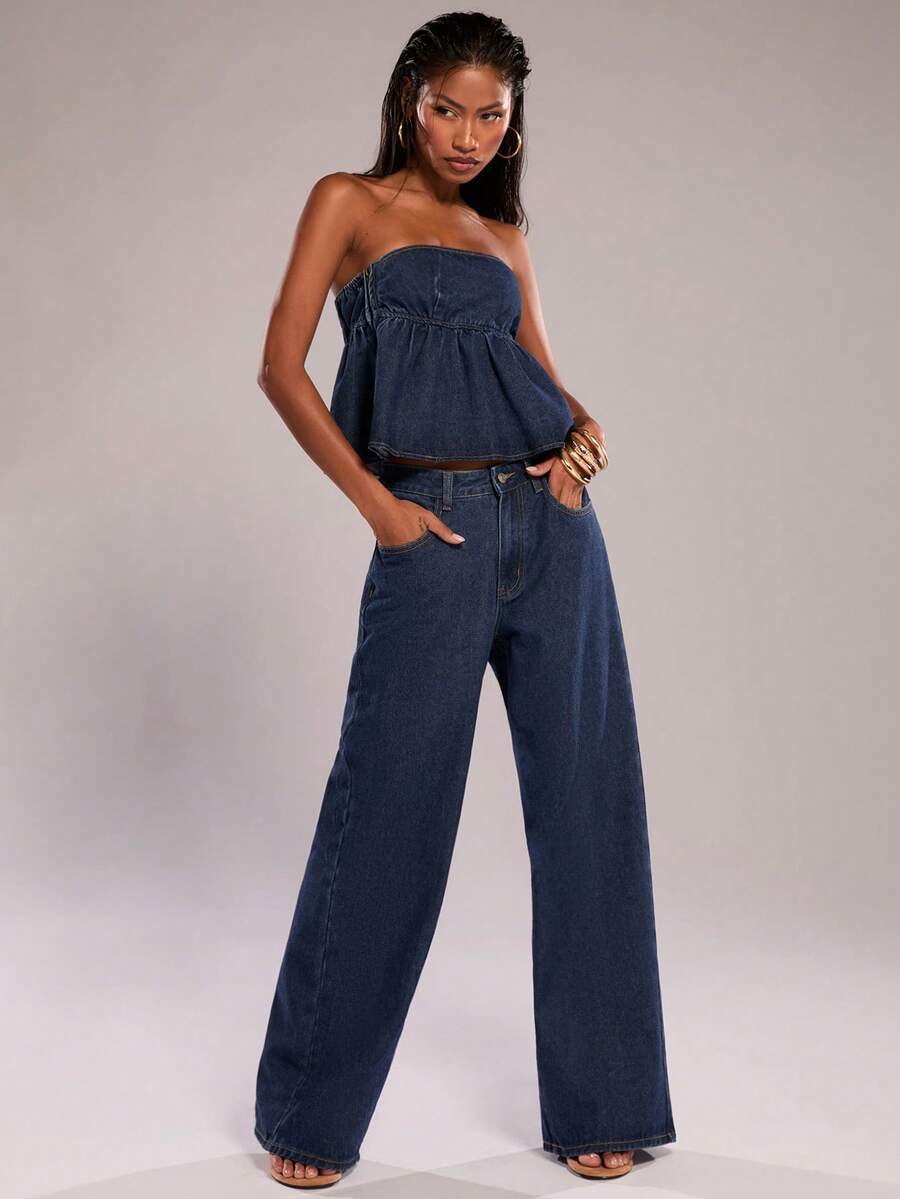 SHEIN BAE Conjunto de moda con top bandeau con volantes y pantalones vaqueros de pierna ancha para mujer - Azul lavado oscuro - Ver 1