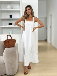 SHEIN LUNE 女士纯色方领荷叶边下摆休闲无袖连衣裙 - 白色 - 查看 6