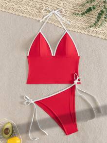 Swim SPRTY Women's Summer Beach Patchwork Halter Tie Fashionable Tankini Swimwear Set - Red and White - View 8