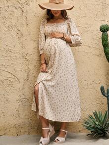 Boho Mama 孕妇碎花七分袖单排扣休闲连衣裙 - 杏色 - 查看 6