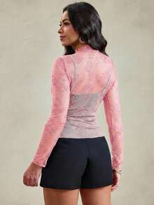 Wildy 黑色网纱透视蕾丝上衣，美式西部乡村音乐节风格，夏季女款 - 淺粉色 - 查看 2