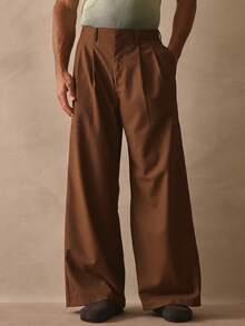 Musero Tailored Double Side Slit Welt Pockets Pants Smart Style Wide Leg Trouser Bottoms Spring Summer Essentials - Brown - View 2