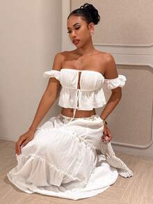 Slaydiva 春夏度假海滩法式甜美可爱约会套装 - 露肩荷叶边上衣和系腰荷叶边长裙 - 白色女士度假套装 - A - 白色 - 查看 4