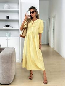 Easowa 女士中长款条纹撞色蝴蝶结装饰休闲百搭连衣裙 - 彩色 - 查看 2