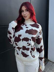 Bearsaez Novo suéter marrom de outono, roupas femininas, outono, casual, gola alta, textura de leite, suéter com estampa de vaca, outono/inverno, suéter marrom feminino, suéter de inverno, suéter de outono, blusa com estampa de leopardo - Multicolorido - Ver 3