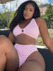 Alexandranx Women's Summer Beach Vacation Colorblock Striped Print Ruched Bandeau Bikini Set - Pink - View 4