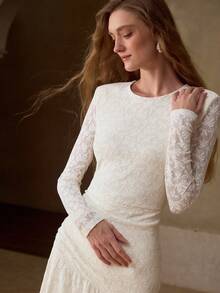 MOTF PREMIUM WOMEN'S ELASTIC FLORAL LACE PATCHWORK A-LINE LONG DRESS, SPRING/SUMMER - Beige - View 4