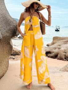 Breezaya Tropical Plant Print Halter Crop Top + Elastic Waist Straight Leg Pants 2 Pieces Set, Spring/Summer - Yellow - View 6