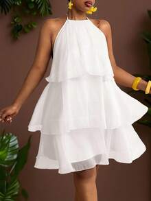 Truni Đầm trắng ngắn màu trơn dành cho nữ cỡ lớn, kiểu cổ yếm buộc dây phía sau, thời trang, sang trọng, thích hợp cho hẹn hò, dự tiệc, đi biển, mùa hè, đầm trắng gợi cảm, đầm hở lưng cổ yếm, phù hợp với dáng người quả lê và tam giác. - trắng - Xem 9