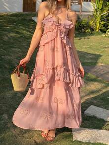 Livesso Women's Floral Embroidery Ruffle Trim Halter Neck Backless Mid-Length Dress Cruise Outfit For Women - Pink - View 4