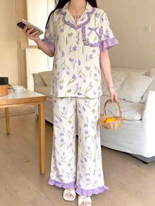 SHEIN Teen Girls Floral Print Collar Ruffle Cute Sweet Home Wear Short Sleeve Top And Pants 2 Pieces Set, Purple & Apricot,Kids - Purple - View 2