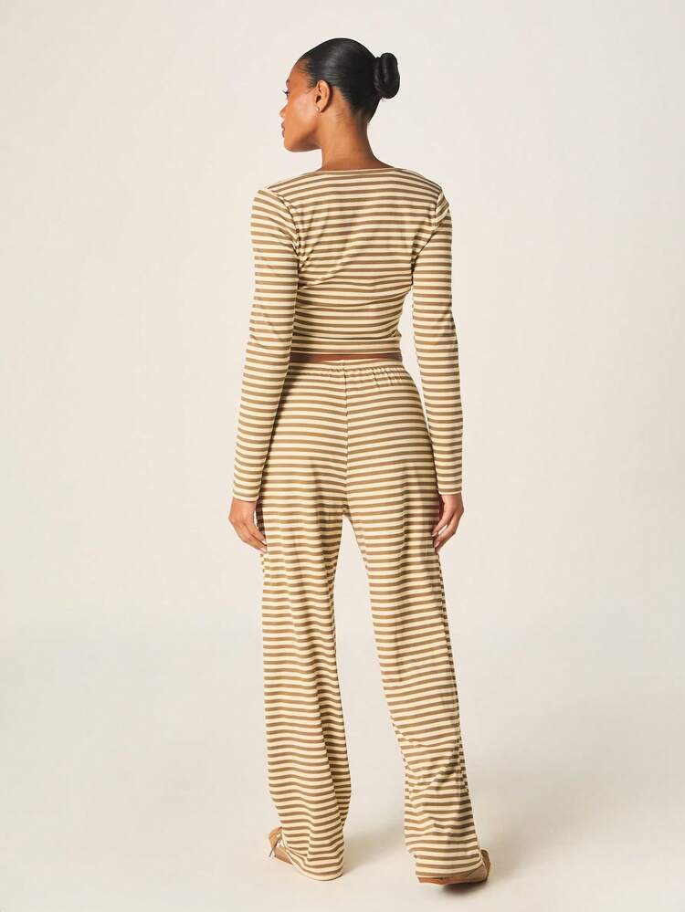 MISSGUIDED Women's Striped Ribbed Knit Long Sleeve Crop Top And Wide Leg Pants Lounge Set Matching Two Piece Casual Coordinating Outfit