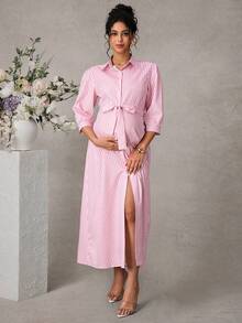 SHEIN 孕妇条纹印花长袖衬衫裙 - 粉色 - 查看 3