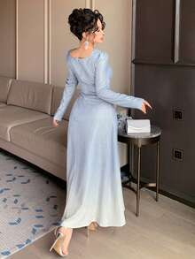 DAZY 女士优雅渐变银色方领花瓣袖中长连衣裙，春夏款 - 藍色 - 查看 2