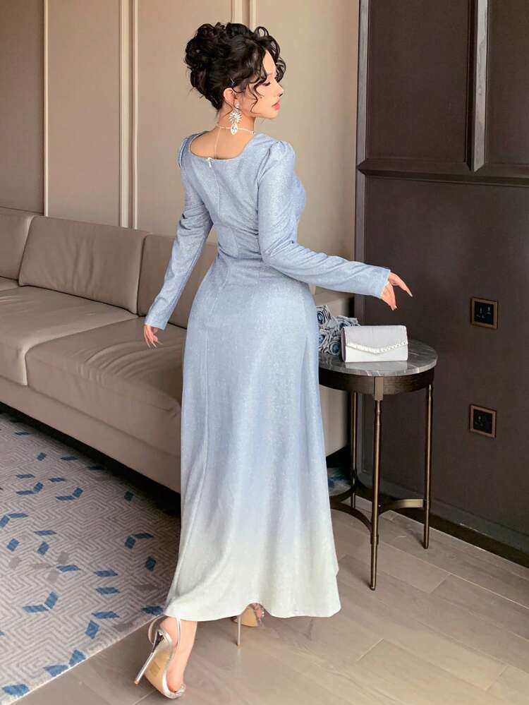 Women's Elegant Gradient Silver Square Neck Petal Sleeve Mid-Length Dress, Spring/Summer,Wedding Guest Dress Women Sundress