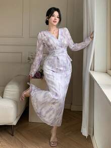 DAZY Conjunto de 2 piezas de falda recta plisada asimétrica con cuello en V floral elegante para mujer, primavera/verano - Azul - Ver 5