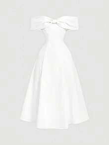 SHEIN MOD 女士优雅纯色露肩中长连衣裙，夏季 - 白色 - 查看 6