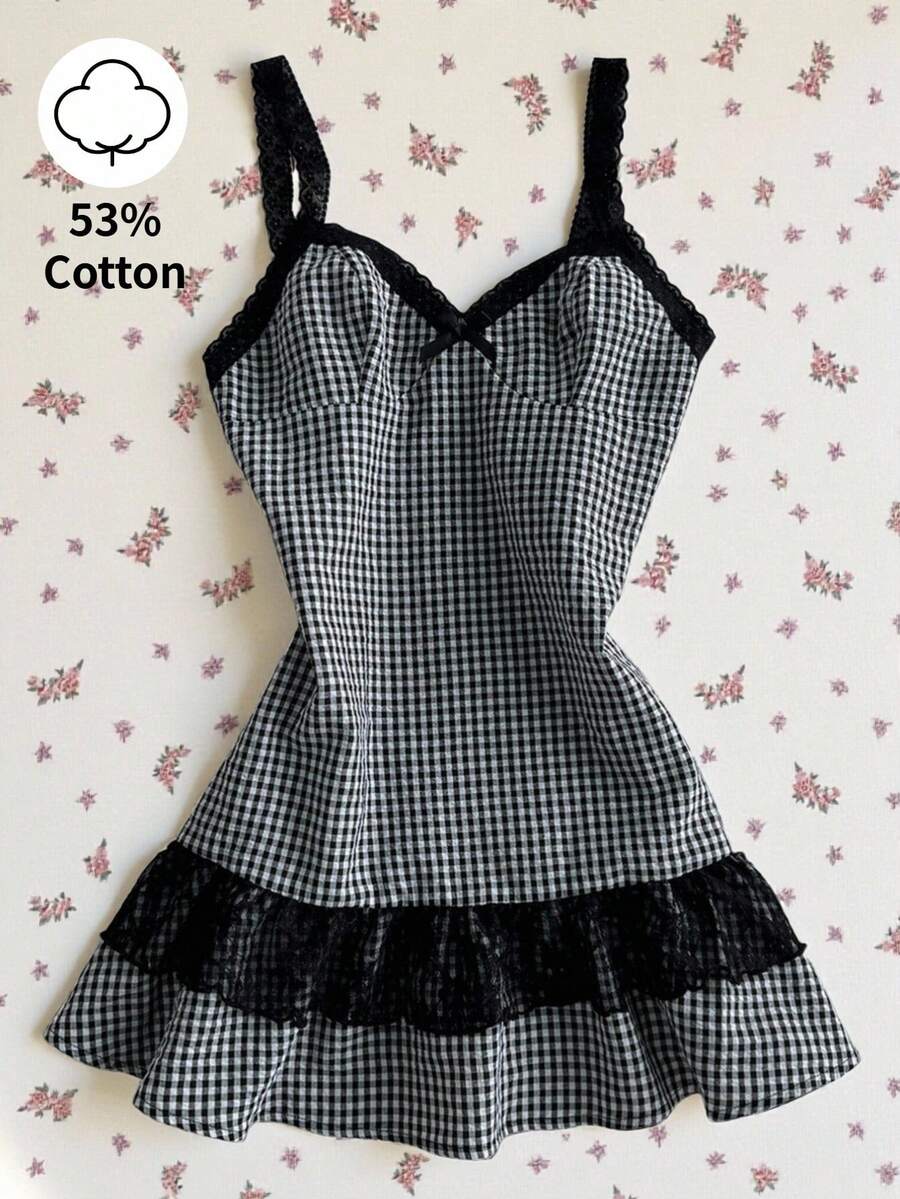 Flirla 黑色格子拼接棉质面料V领吊带露背荷叶边迷你连衣裙,波西米亚复古风,可爱百搭,适合休闲、约会、上学、毕业典礼等各种场合,春夏皆宜。 - 黑色 - 查看 1
