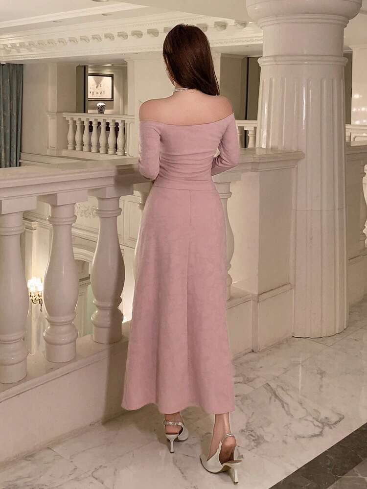 Women's Elegant Solid Color Textured Tie-Up Off-Shoulder Top And Skirt 2-Piece Set, Spring/Summer