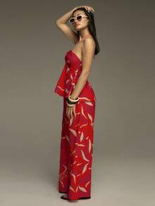 COSMINA 女士夏季两件套，系带上衣和长裤套装，碎花印花女士服装，女士夏季度假套装，沙滩度假套装，休闲女士套装 - 彩色 - 查看 5