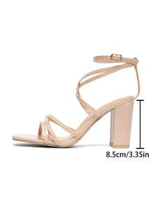 CUCCOO SZL Women's Fashion Black Rhinestone Ankle Strap Comfortable Chunky Heel Sandals, Suitable For Commuting, Dating, Gatherings, Parties And Other Occasions Spring Shoes - Apricot 9 - View 6