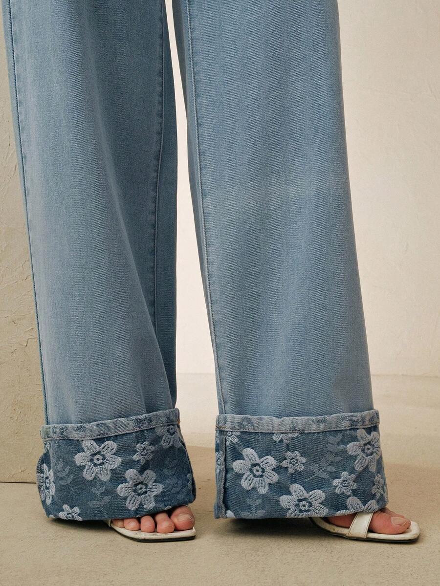 Anewsta New Fashion Jacquard Women Blue Denim Straight Leg Pants Pants Jeans Women's Jeans Wide Leg Jeans - Blue - View 1