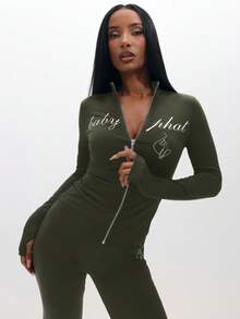 BABYPHAT Plus Size Olive Green Zip Up High Neck Long Sleeve Top With Text Print - Army Green - View 8