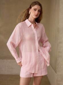 MOTF PREMIUM CAMISA DE LINO 100% PARA MUJER DE MANGA LARGA, CASUAL, PARA CITAS, PARA IR AL TRABAJO, ROSA - Rosa - Ver 4