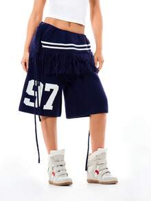 SUMWON WOMEN Navy Knitted Fringe Detail Longline Shorts With White Stripe Waistband And Varsity Number Print - Blue - View 1