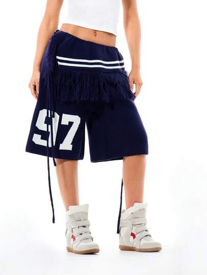 SUMWON WOMEN Navy Knitted Fringe Detail Longline Shorts With White Stripe Waistband And Varsity Number Print