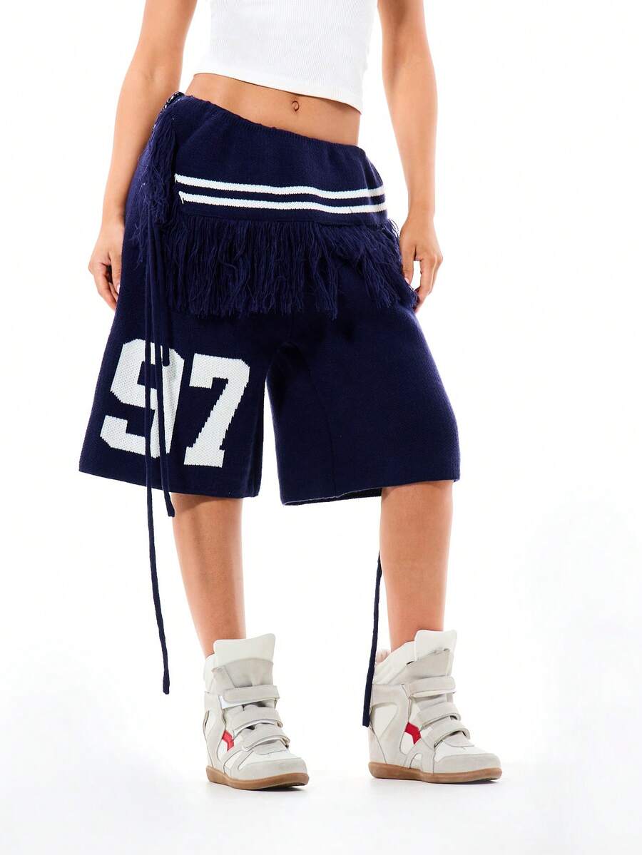 SUMWON WOMEN Navy Knitted Fringe Detail Longline Shorts With White Stripe Waistband And Varsity Number Print - Blue - View 1