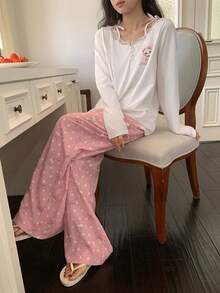 DAZY 2pcs Women Cute Cat Print Lace Patchwork Long Sleeve Top And Loose Pants Pajama Set, Spring - White - View 1