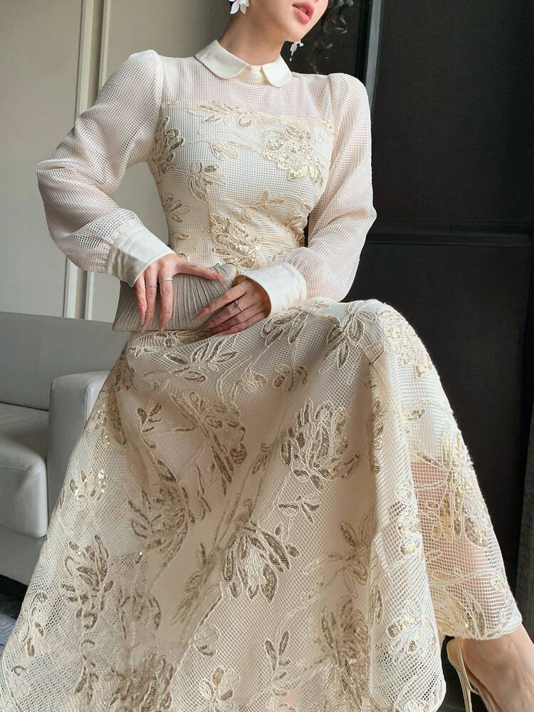 Women's Elegant Floral Sequin Patchwork Collar Petal Sleeve Mid-Length Dress, Spring/Summer Sundress